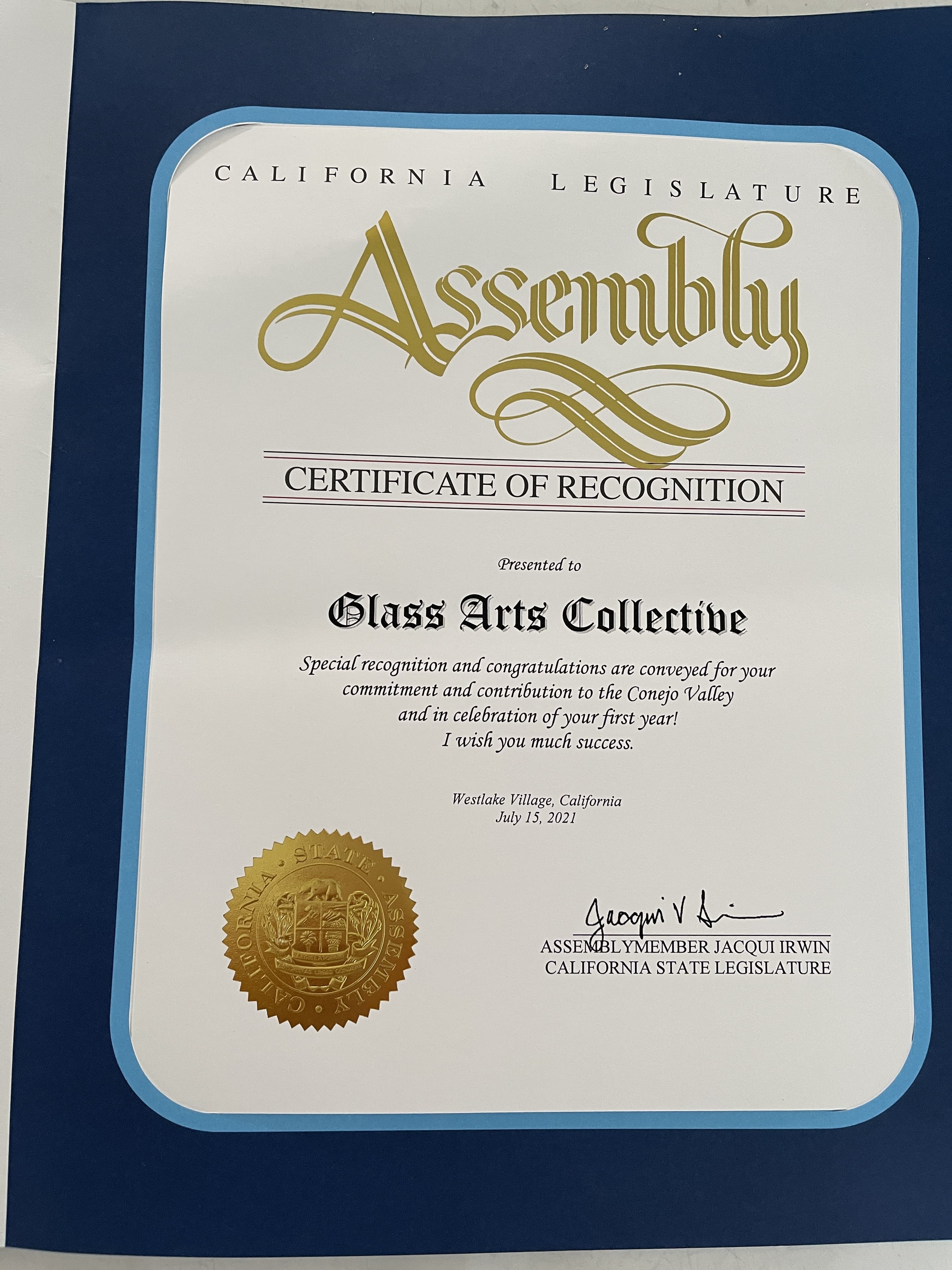 California State Assembly Certificate of Recognition
